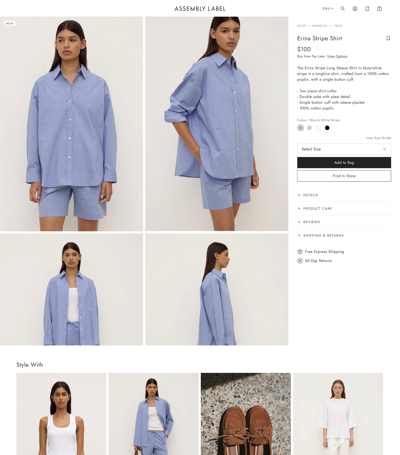 Screenshot of Assembly Label Product Page for a blue shirt and shorts set.
