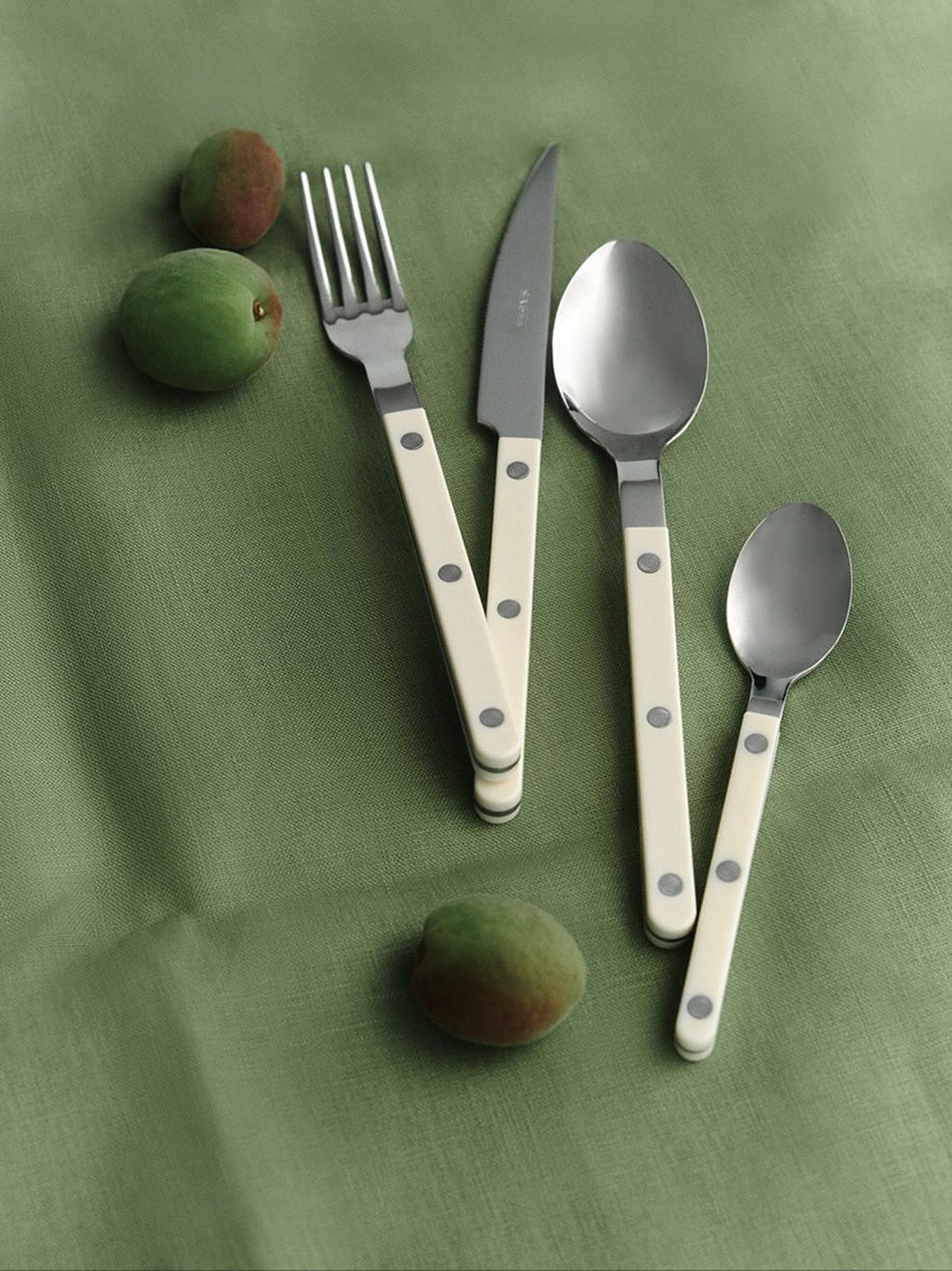 Set of silver cutlery with white handles on a green fabric background