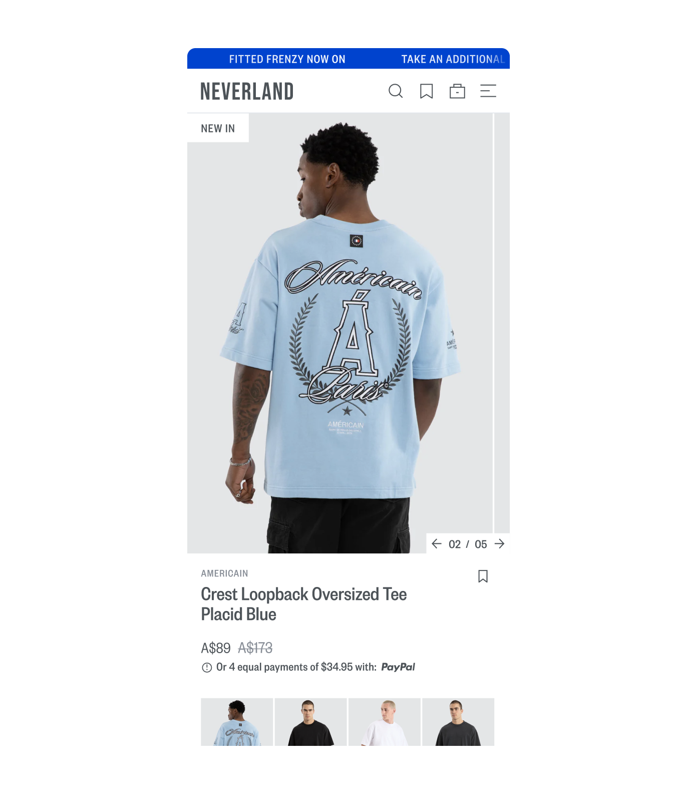 Screenshot of Neverland's mobile product page feature blue t-shirt