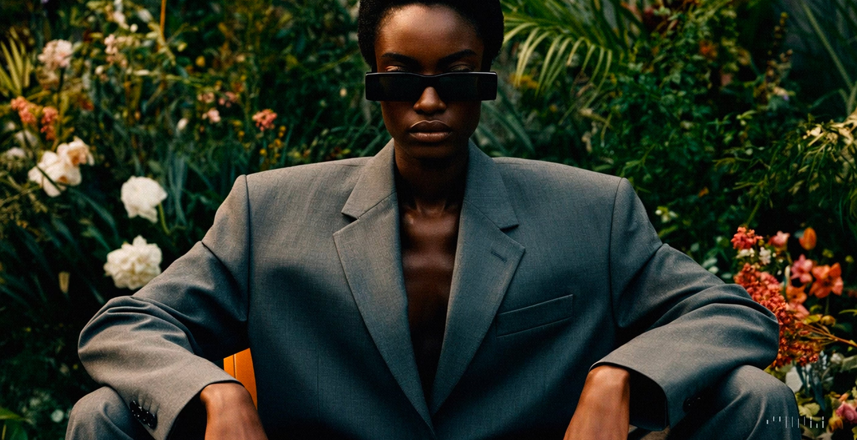 Woman wearing a grey oversized suit and sunglasses against a botanical background. 