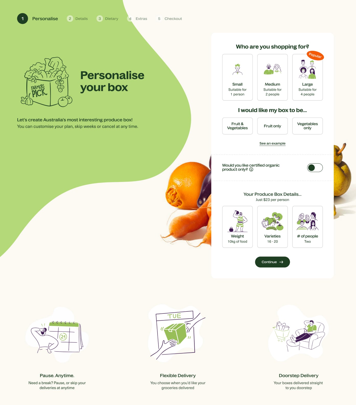 Screenshot of the Farmer's Pick desktop website - showcasing the box builder feature. 