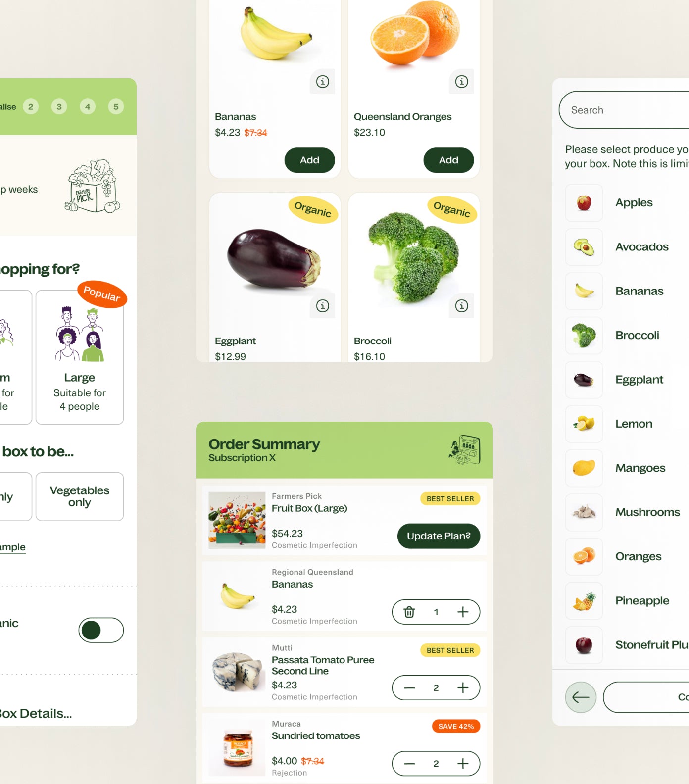 Screenshots of the Farmer's Pick mobile website. 