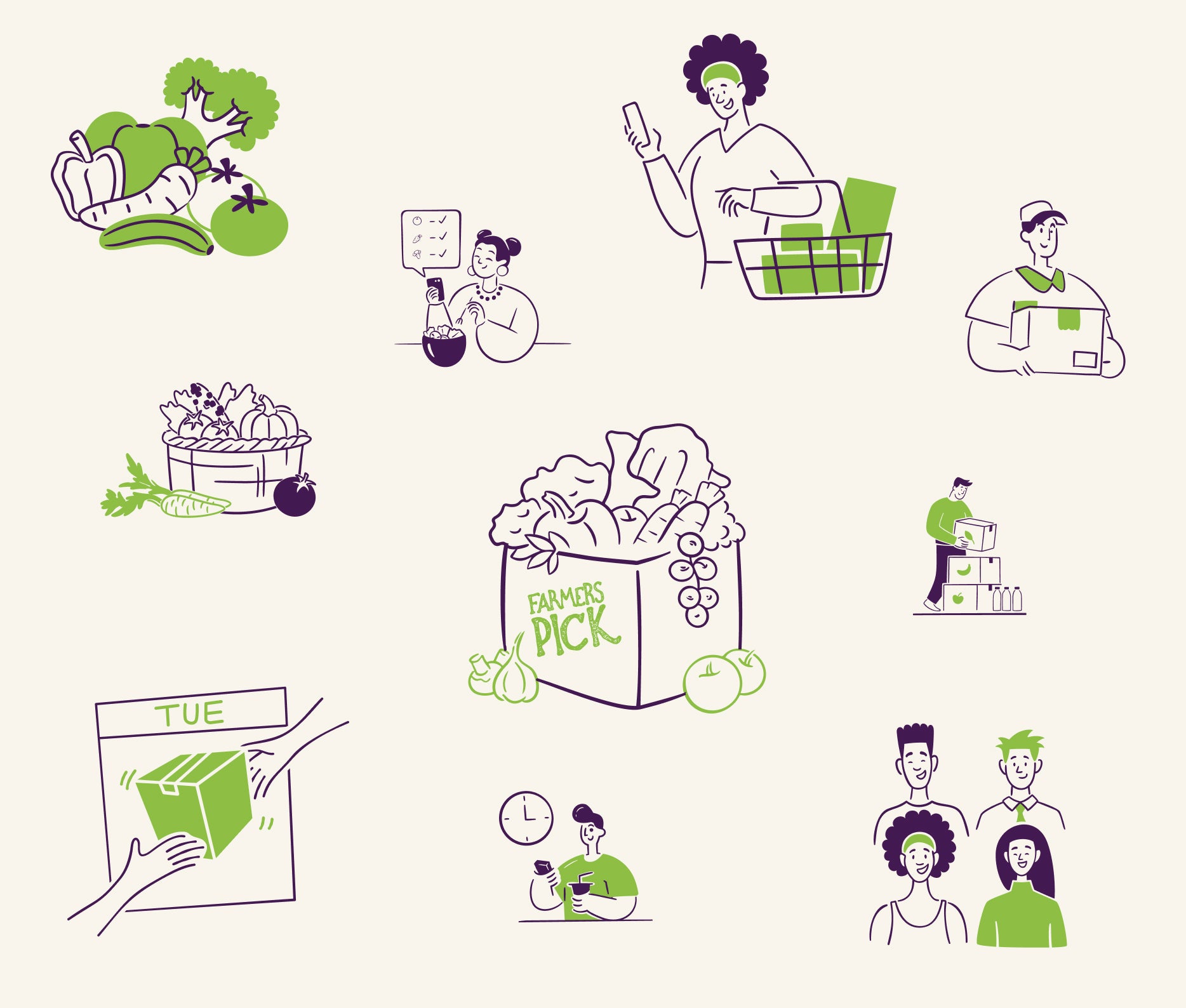 Illustrations of people and groceries with 'Farmers Pick' branding on a white background