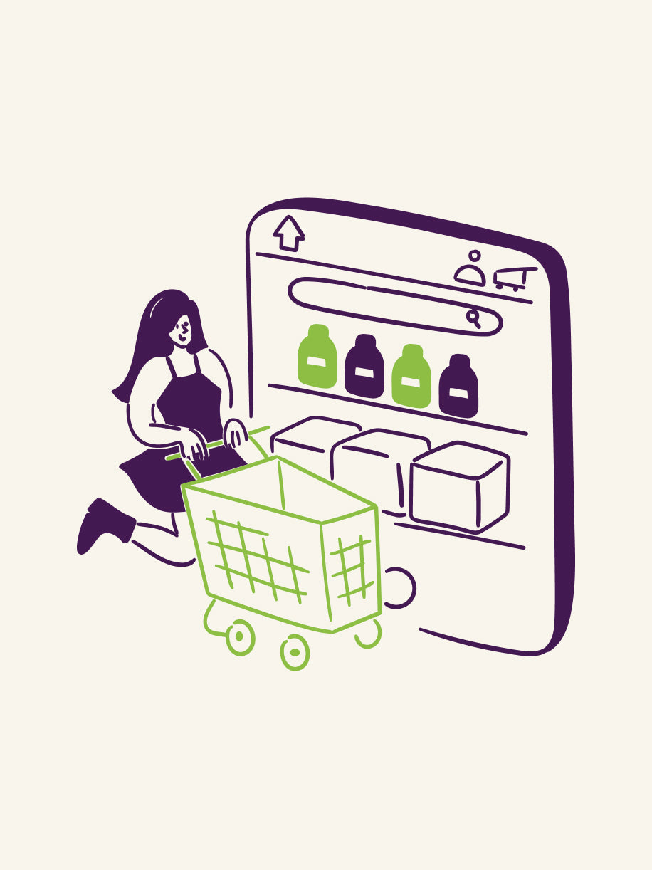 Illustration of a woman with a shopping cart in front of an online store interface.