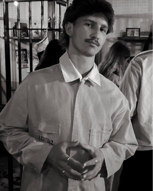 Black and white portrait of person at an event