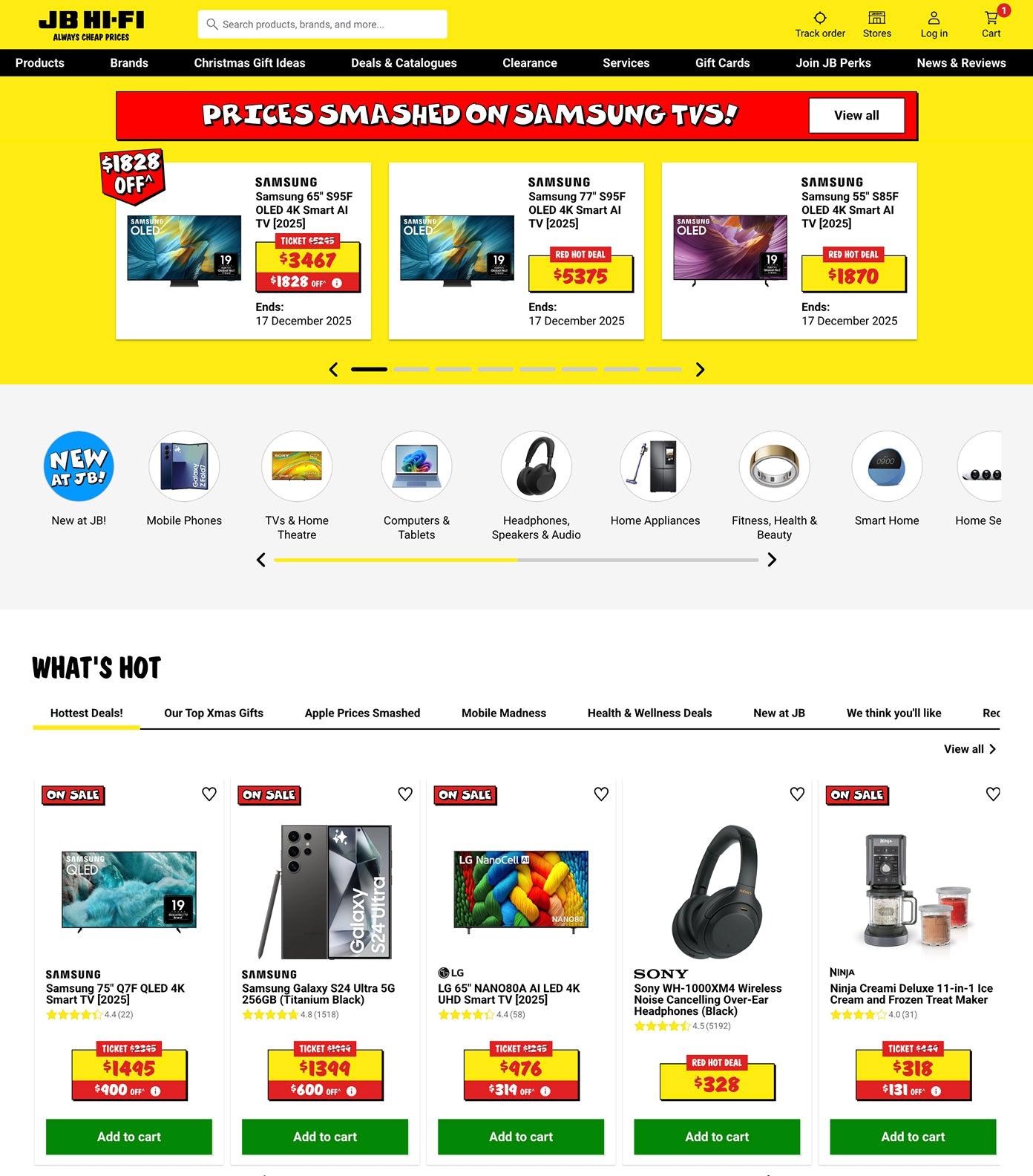 JB Hi-Fi website homepage with promotional banner for Samsung TVs and product listings.