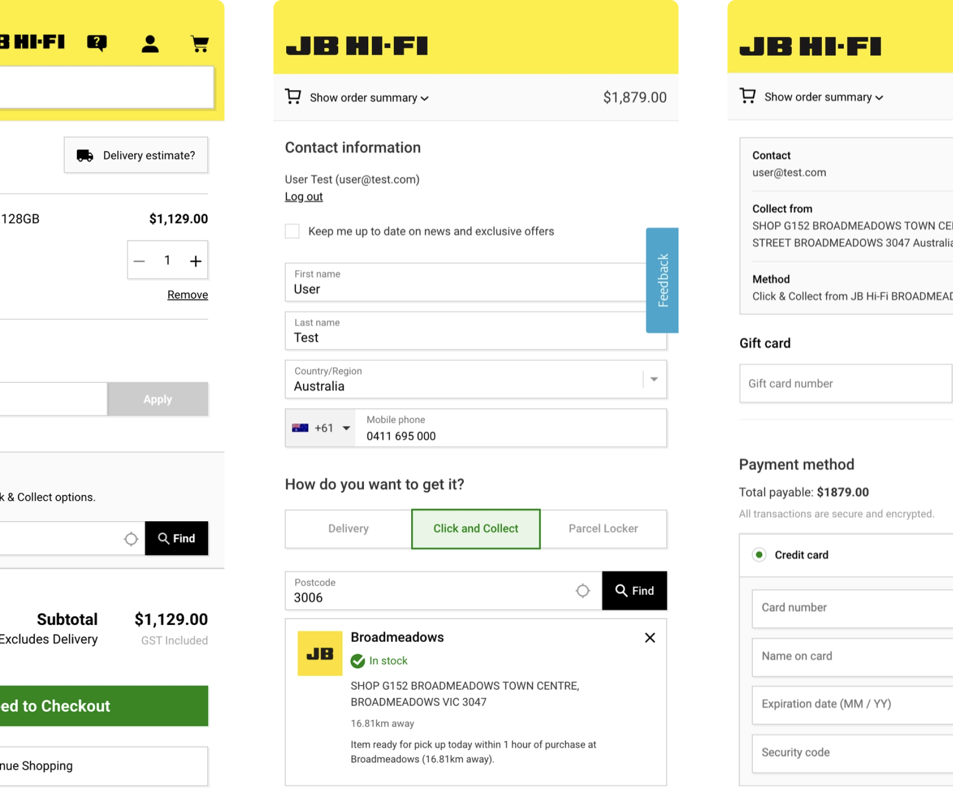 Screenshot of JB Hi-Fi's mobile checkout