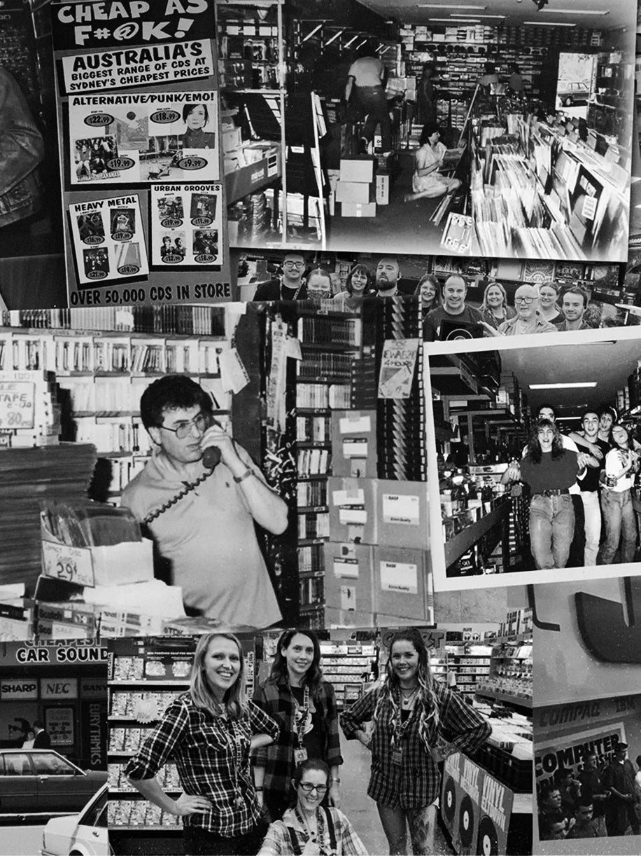 Black and white photo collage showcasing JB Hi-Fi store history featuring vintage store interior with signage, staff members, and customers browsing CDs