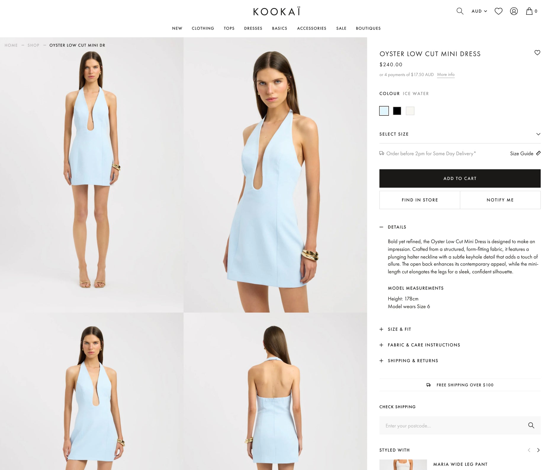 KOOKAÏ website Product Page featuring blue mini dress