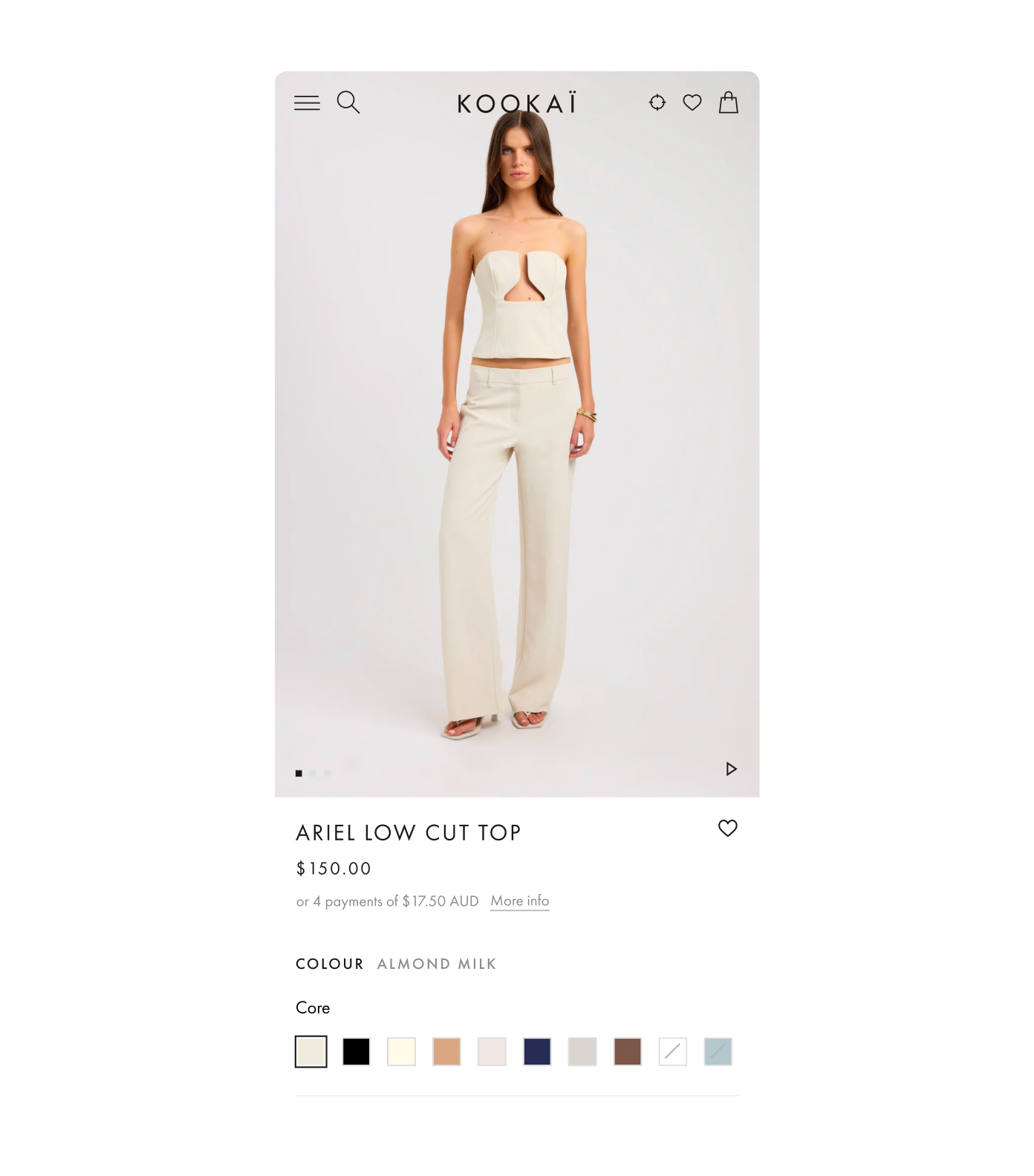 Screenshot of KOOKAÏ mobile product page featuring a strapless top