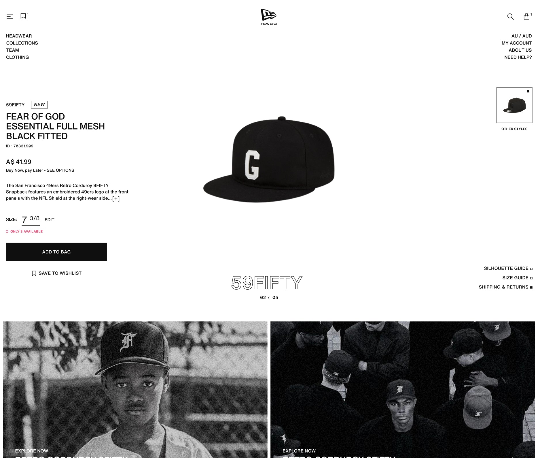 Black cap with a letter 'G' on a website page with product details and images of people wearing caps.