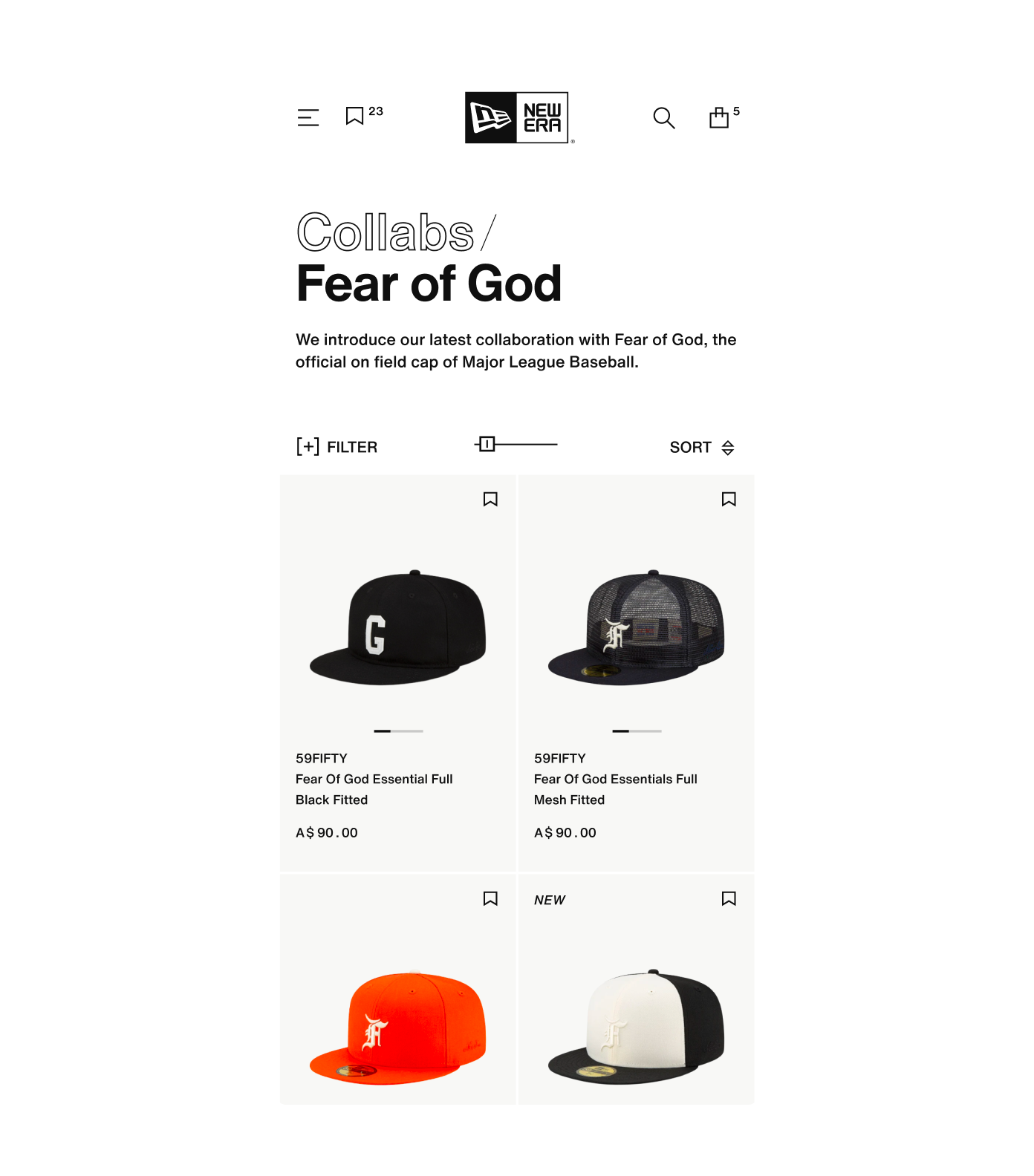 Screenshot of New Era's mobile collection page